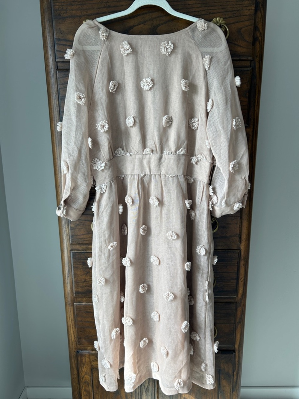 Listicle Boho Blush 3/4 Sleeve Button-Front Dress with Pom-Pom Details, Size L - Picture 3 of 12